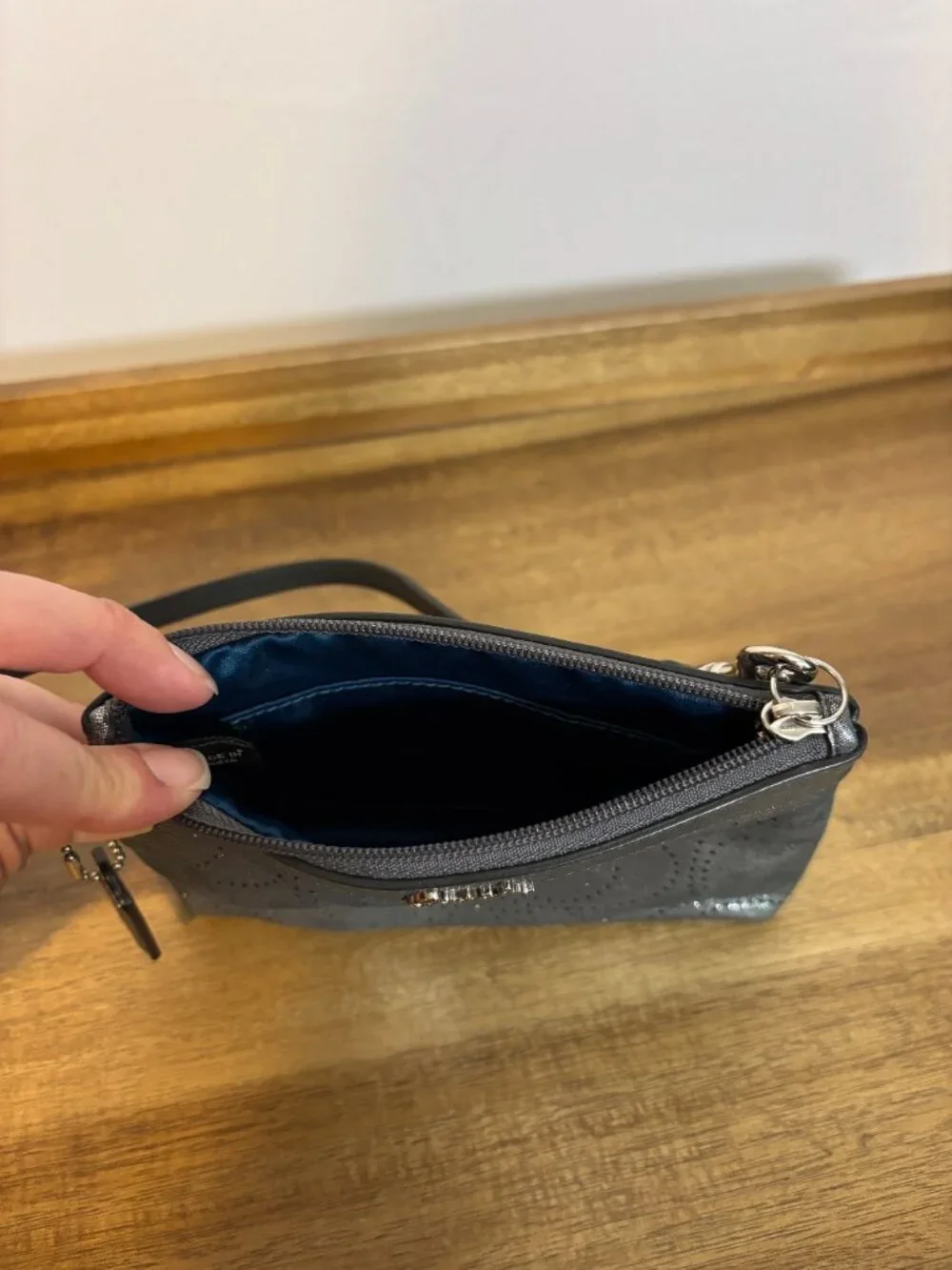 Coach Gunmetal Silver Metallic Perforated C Design Wristlet